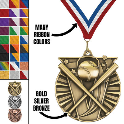 2" Victory Softball Medal – Gold, Silver & Bronze with Custom Ribbons in 30 Colors