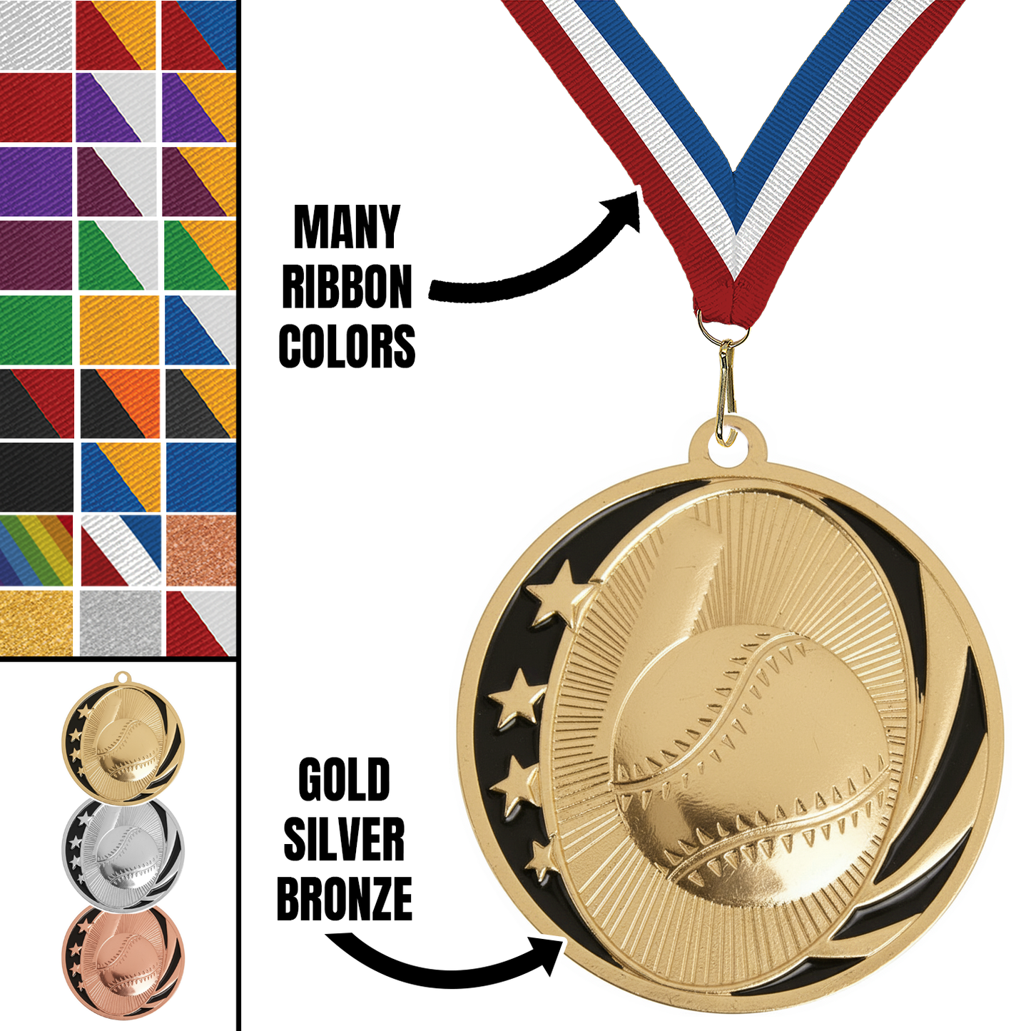 MidNite Star Softball Medal – Gold, Silver & Bronze with 40 Ribbon Options