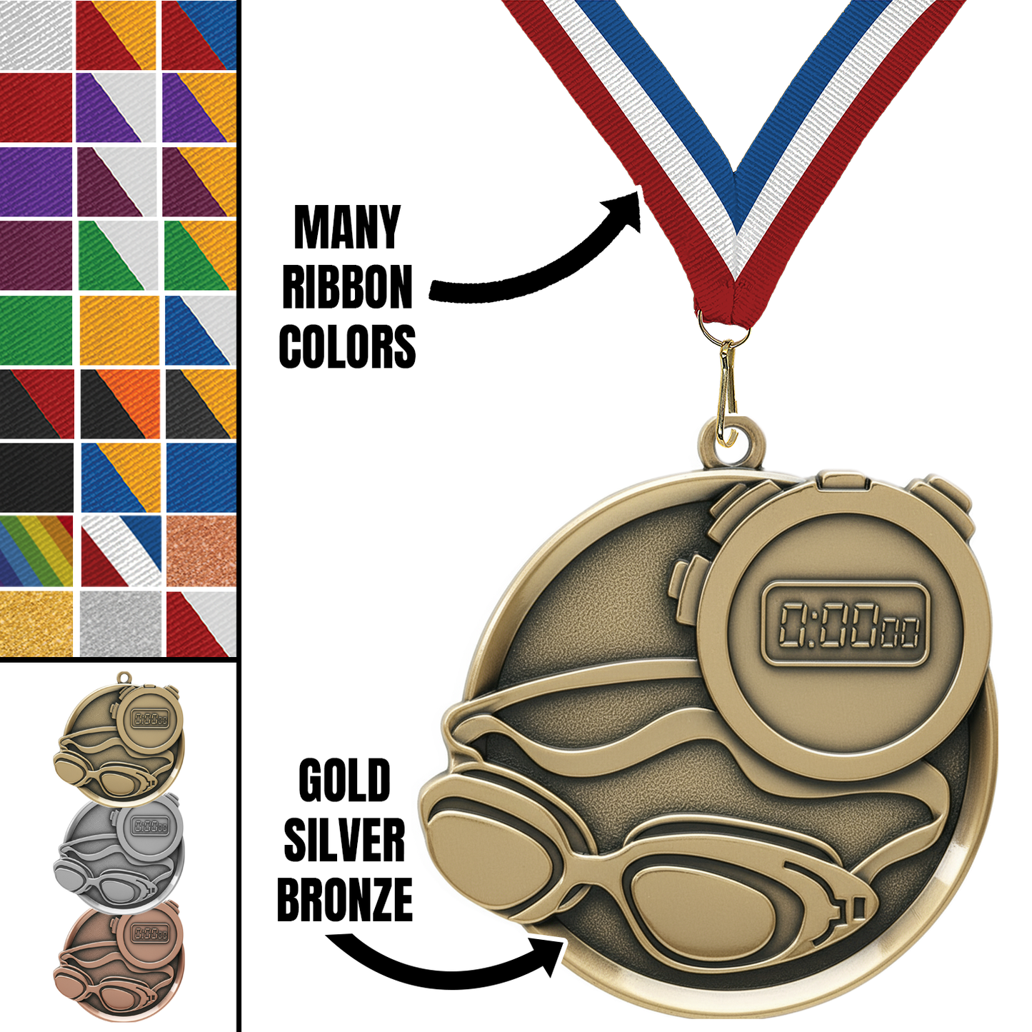 2.25" Swimming Mega Medal – Gold, Silver & Bronze with 30 Ribbon Options