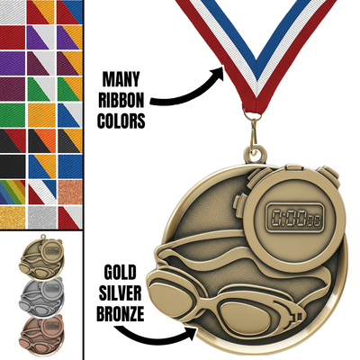 2.25" Swimming Mega Medal – Gold, Silver & Bronze with 30 Ribbon Options