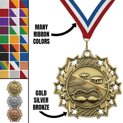 2.25" 10 Star Swimming Medal – Gold, Silver & Bronze with 30 Ribbon Options
