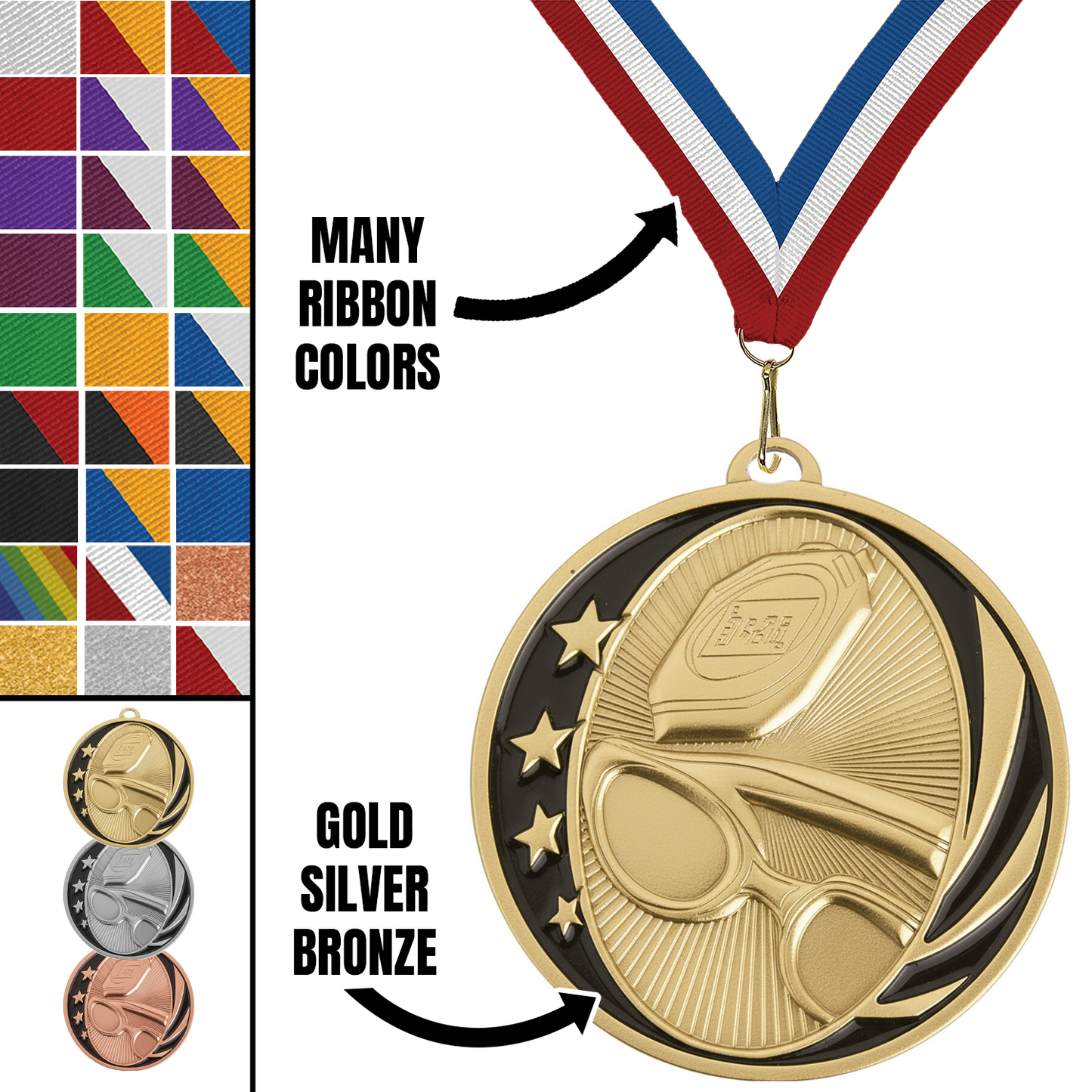 MidNite Star Swimming Medal – Gold, Silver & Bronze with 40 Ribbon Options