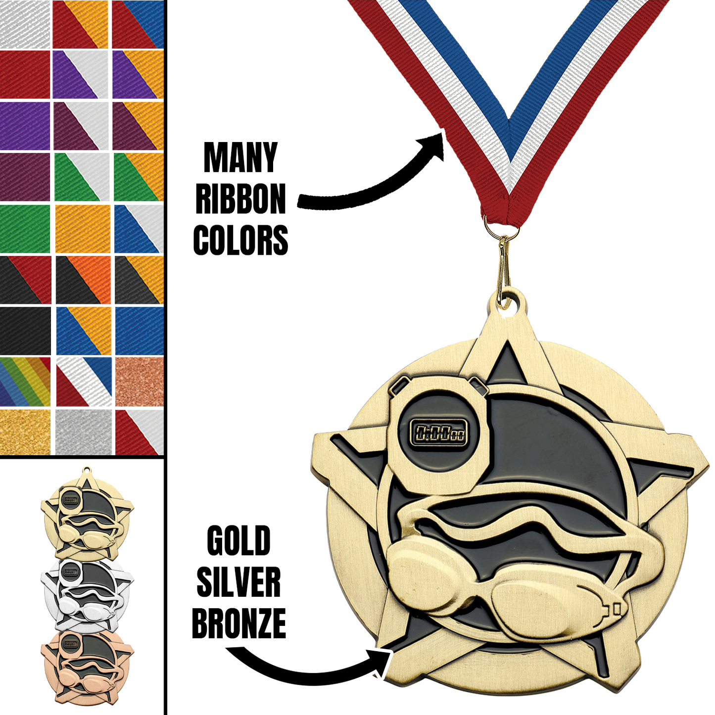 2.25" Swimming Star Medal – Gold, Silver & Bronze with 30 Ribbon Options