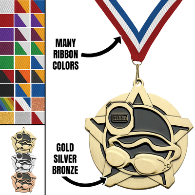 2.25" Swimming Star Medal – Gold, Silver & Bronze with 30 Ribbon Options