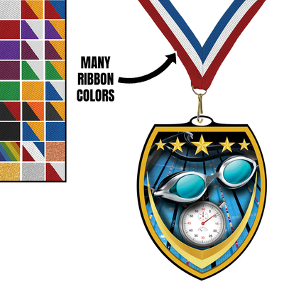 3 1/4" VSM Swimming Medal – Gold, Silver & Bronze with 30 Ribbon Options