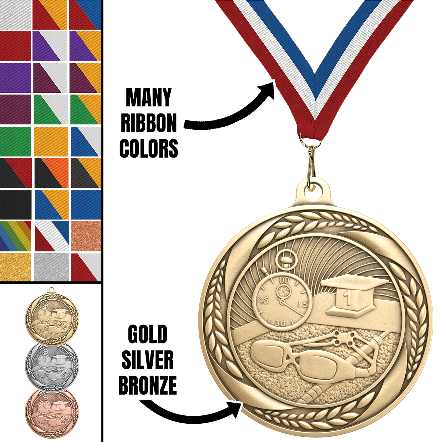 2.25" Laurel Wreath Swimming Medal – Gold, Silver & Bronze with 30 Ribbon Options