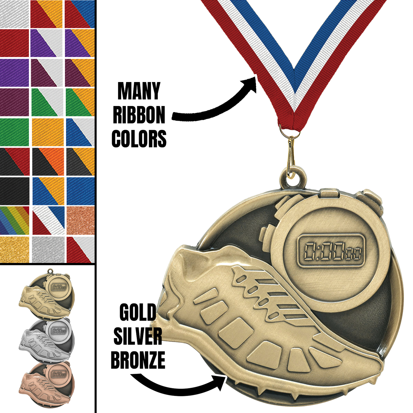2.25" Track & Field Mega Medal – Gold, Silver & Bronze with 30 Ribbon Options