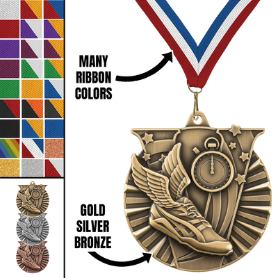 2" Victory Track & Field Medal – Gold, Silver & Bronze with Custom Ribbons in 30 Colors