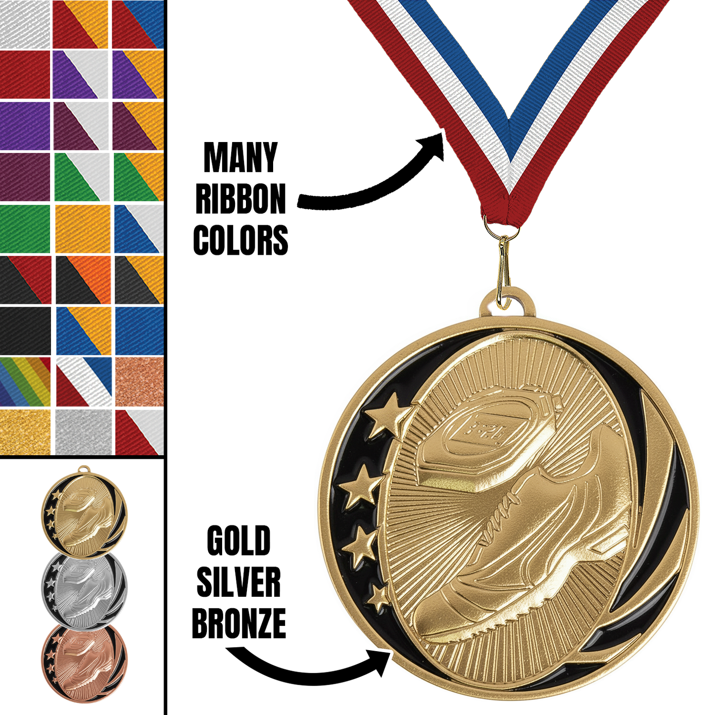 MidNite Star Track & Field Medal – Gold, Silver & Bronze with 40 Ribbon Options