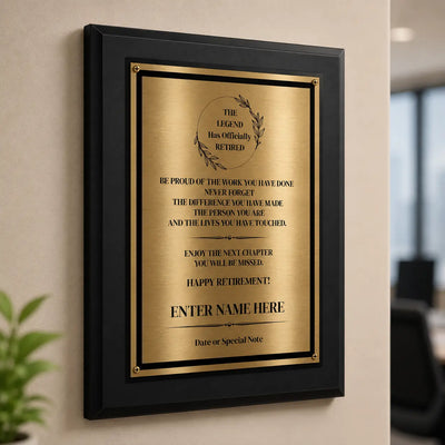 The Legend Has Officially Retired Retirement Plaque - 4 Frame Colors - Brushed Silver & Gold Plate Option