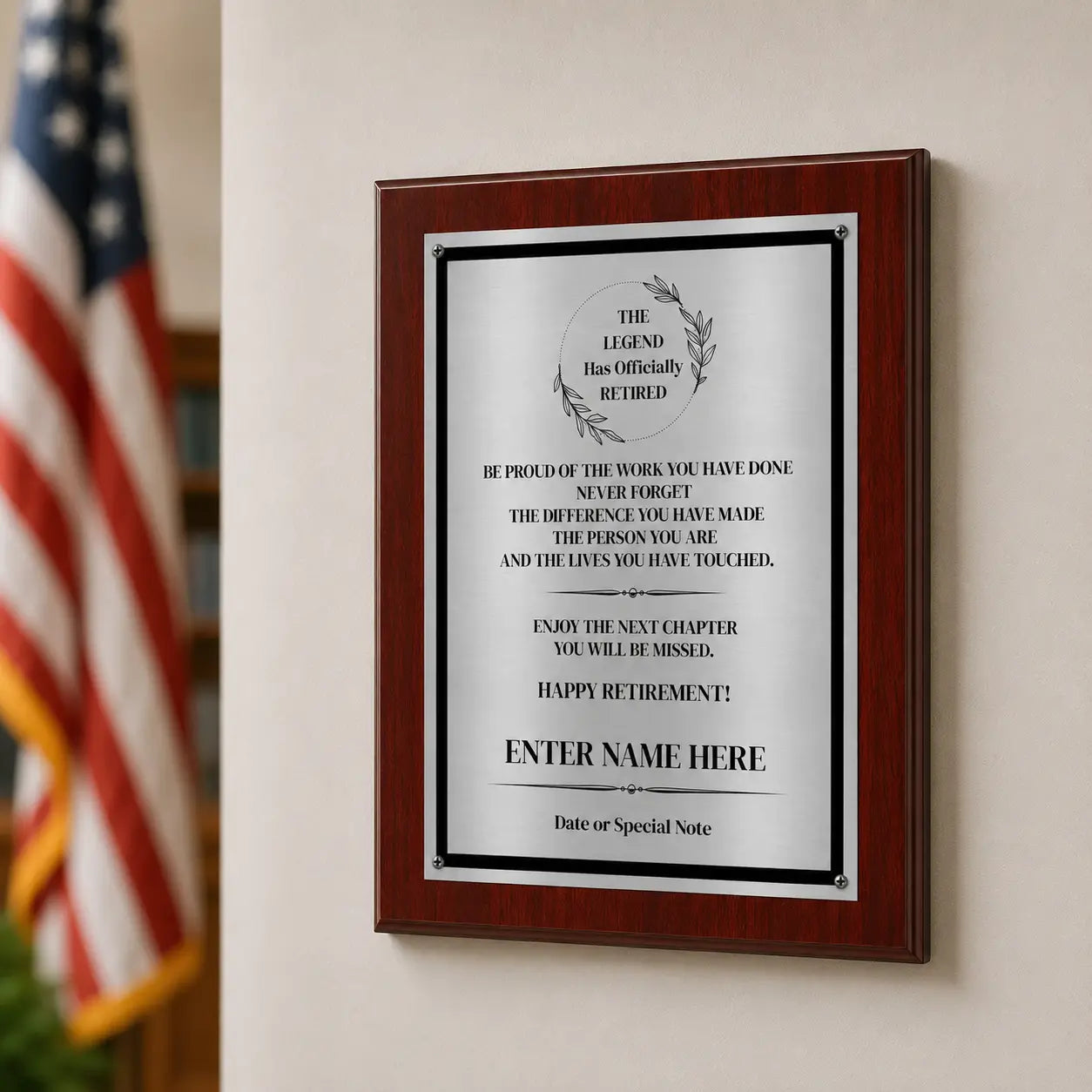 The Legend Has Officially Retired Retirement Plaque - 4 Frame Colors - Brushed Silver & Gold Plate Option