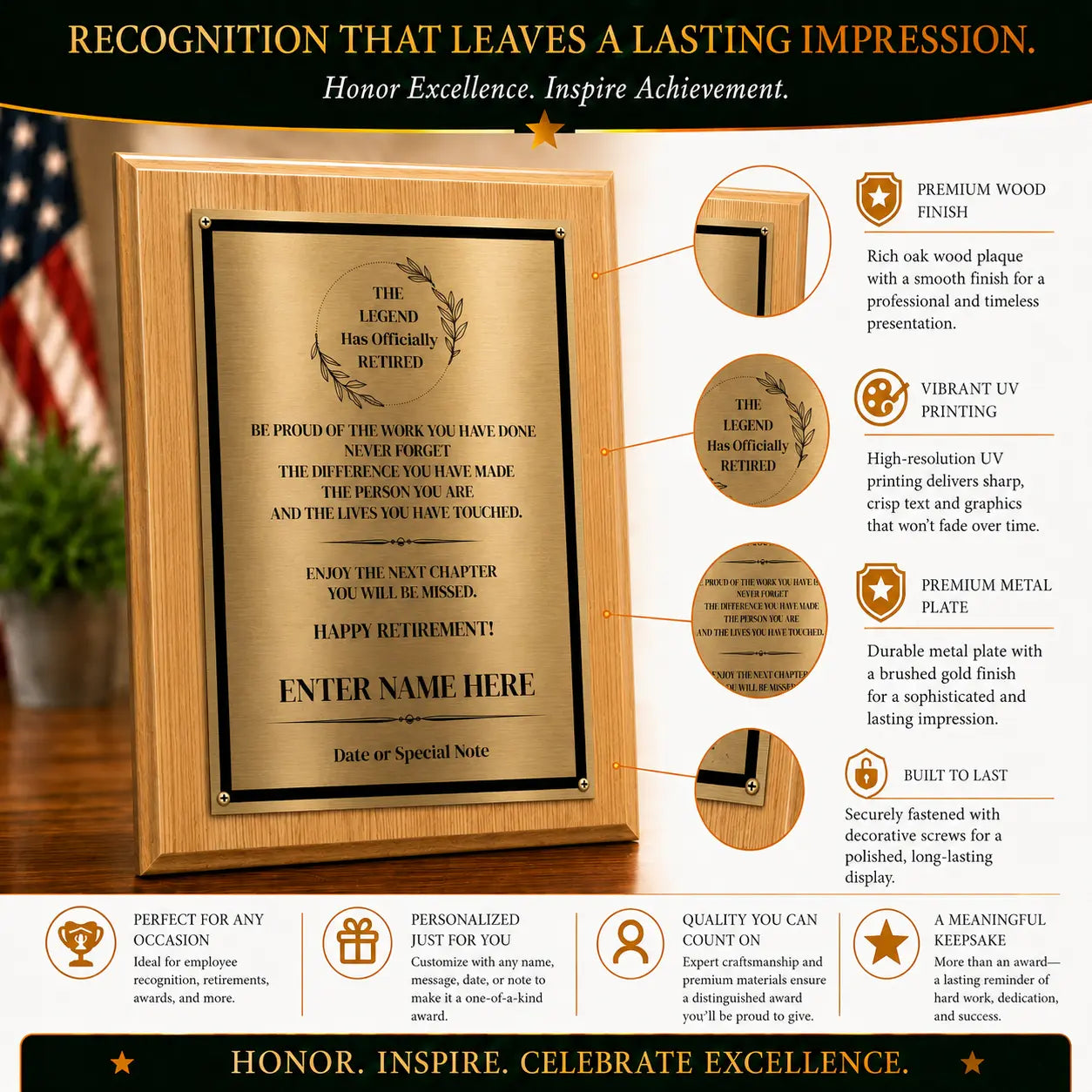The Legend Has Officially Retired Retirement Plaque - 4 Frame Colors - Brushed Silver & Gold Plate Option