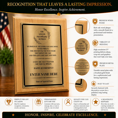 The Legend Has Officially Retired Retirement Plaque - 4 Frame Colors - Brushed Silver & Gold Plate Option