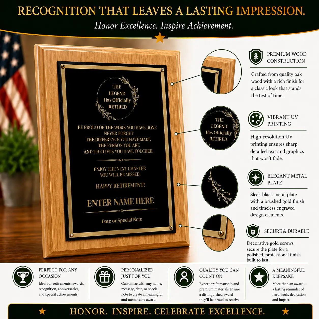 The Legend Has Officially Retired Classic Retirement Plaque - 4 Frame Colors - Silver & Gold Plate Option