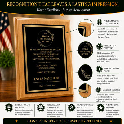 The Legend Has Officially Retired Classic Retirement Plaque - 4 Frame Colors - Silver & Gold Plate Option