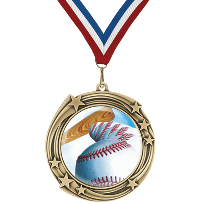 2.75" Swirling Star Baseball Medal– Gold, Silver & Bronze with 30 Ribbon Options