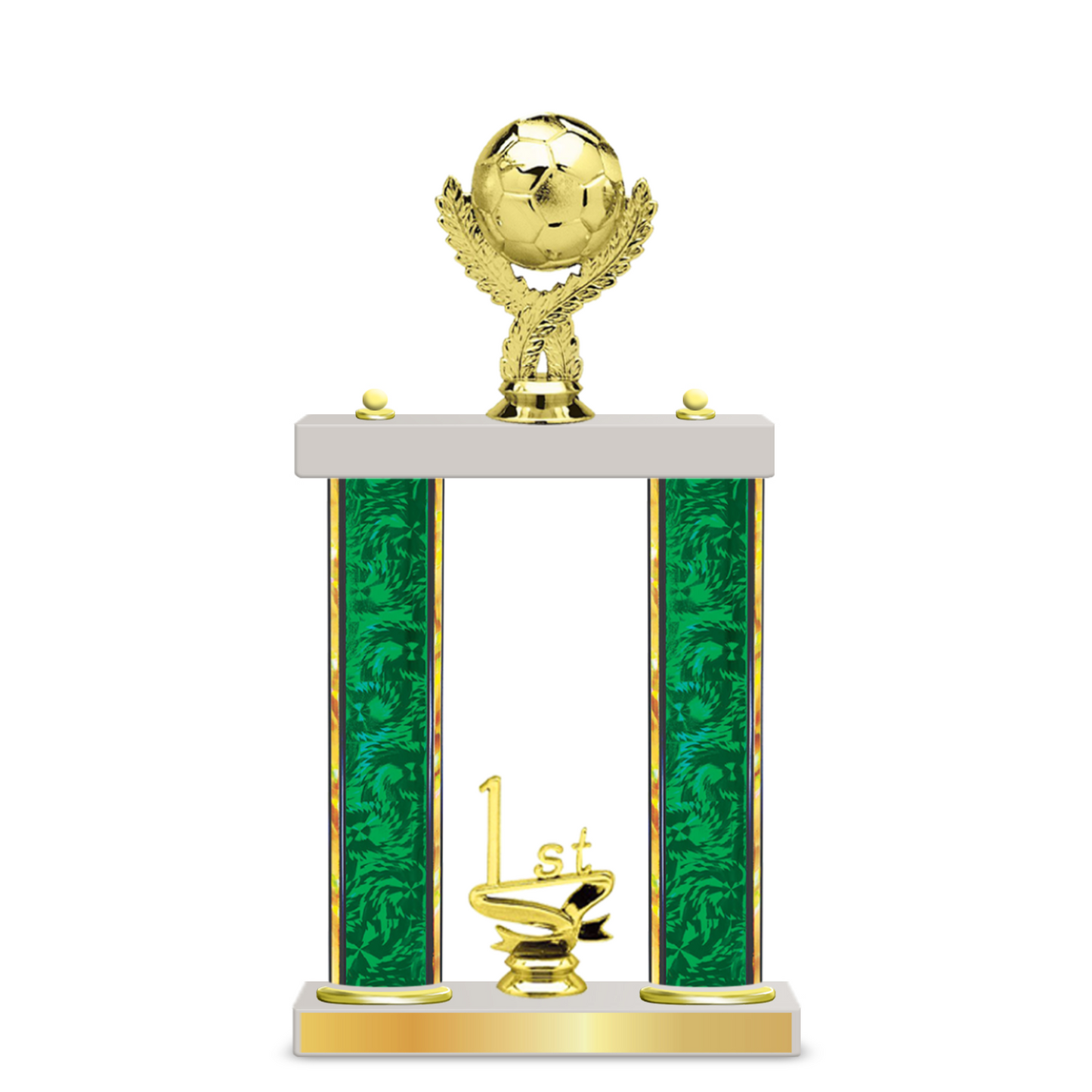 Personalised 2 x Column Soccer Trophy / Award 13 1/2" – 16 1/2" Custom Figurines & Plate