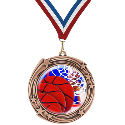2.75" Swirling Star Basketball Medal– Gold, Silver & Bronze with 30 Ribbon Options