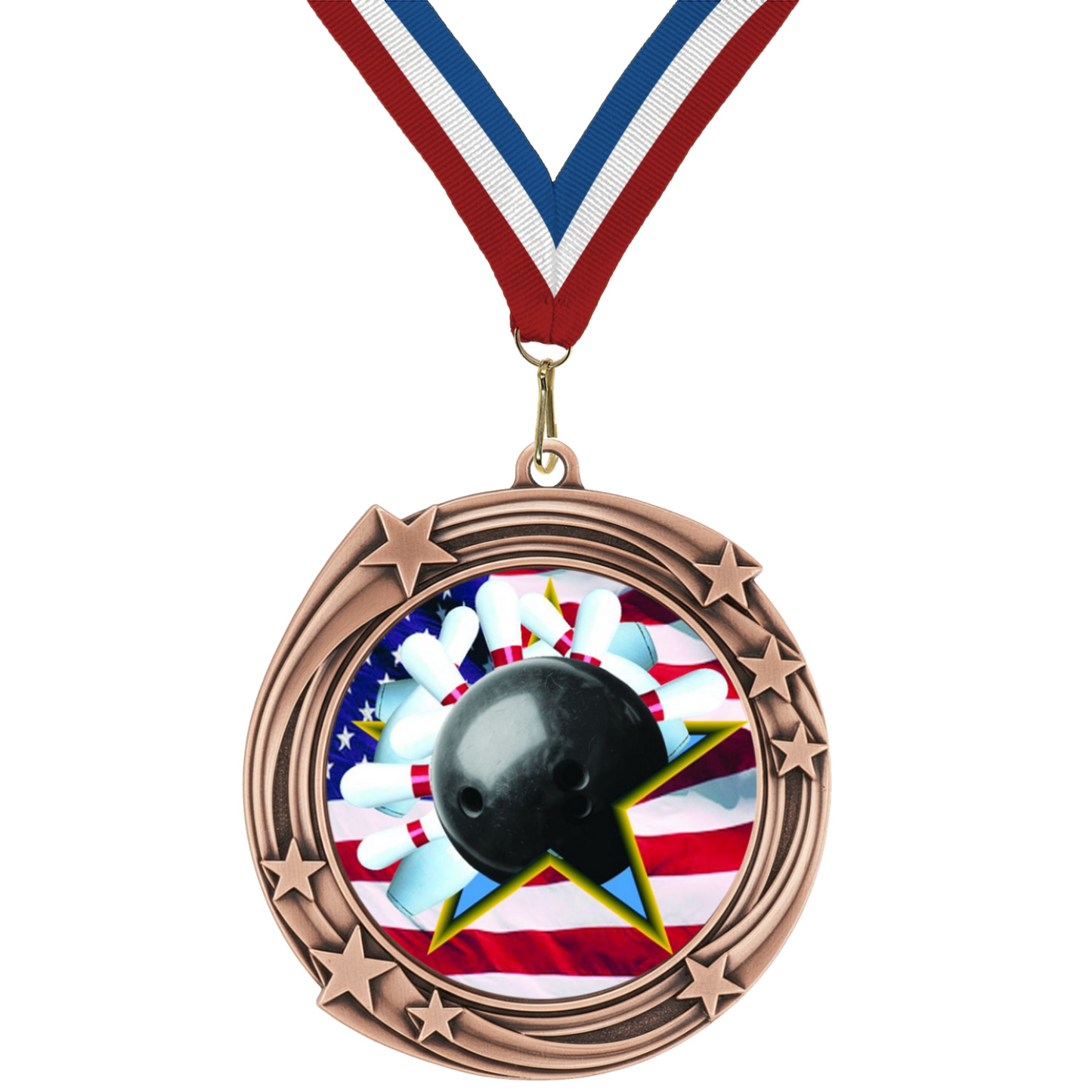 2.75" Swirling Star Bowling Medal– Gold, Silver & Bronze with 30 Ribbon Options
