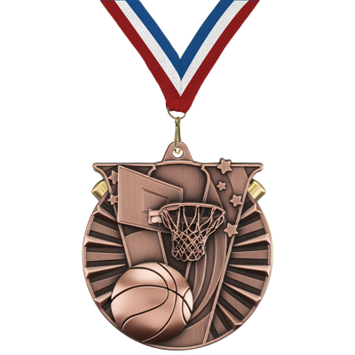 2" Victory Basketball Medal – Gold, Silver & Bronze with Custom Ribbons in 30 Colors