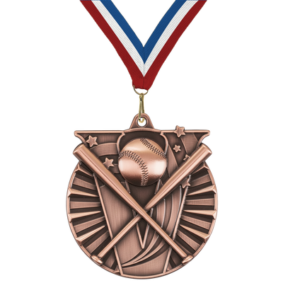 2" Victory Baseball Medal – Gold, Silver & Bronze with Custom Ribbons in 30 Colors