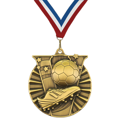 2" Victory Soccer Medal – Gold, Silver & Bronze with Custom Ribbons in 30 Colors