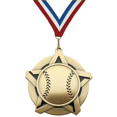 2.25" Baseball Star Medal – Gold, Silver & Bronze with 30 Ribbon Options