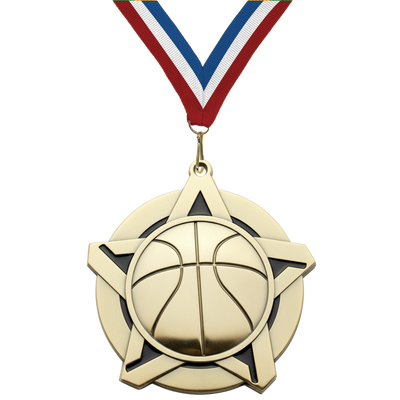 2.25" Basketball Star Medal – Gold, Silver & Bronze with 30 Ribbon Options