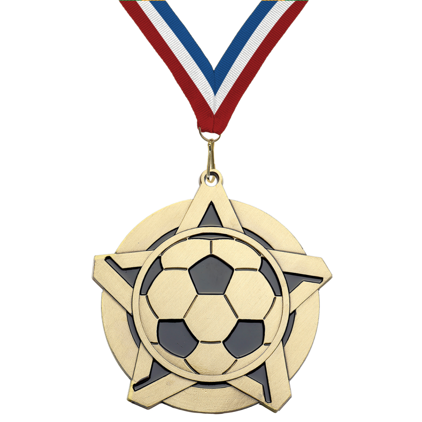 2.25" Soccer Star Medal – Gold, Silver & Bronze with 30 Ribbon Options