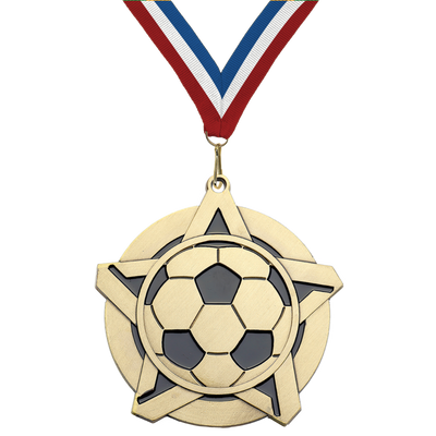 2.25" Soccer Star Medal – Gold, Silver & Bronze with 30 Ribbon Options