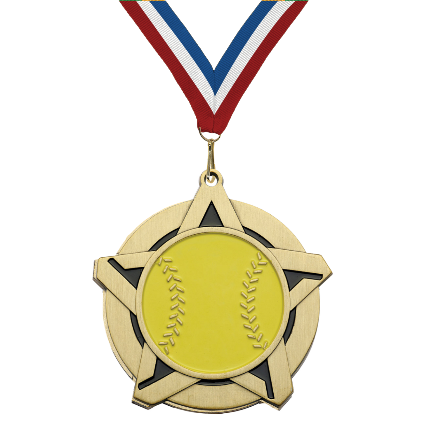2.25" Softball Star Medal – Gold, Silver & Bronze with 30 Ribbon Options