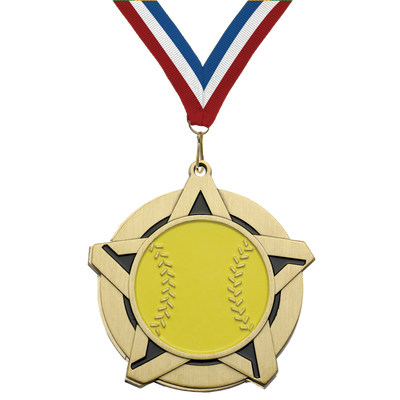 2.25" Softball Star Medal – Gold, Silver & Bronze with 30 Ribbon Options