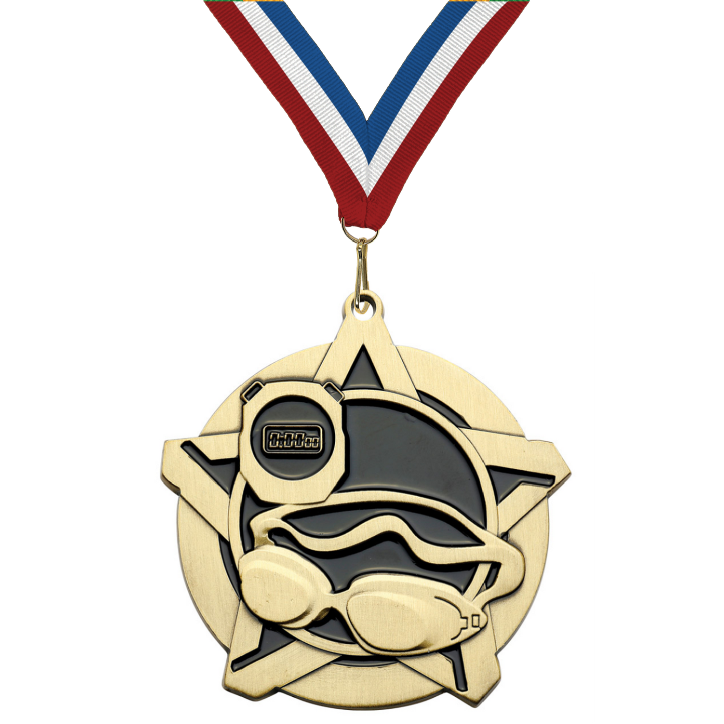 2.25" Swimming Star Medal – Gold, Silver & Bronze with 30 Ribbon Options