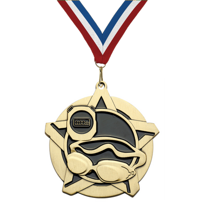 2.25" Swimming Star Medal – Gold, Silver & Bronze with 30 Ribbon Options