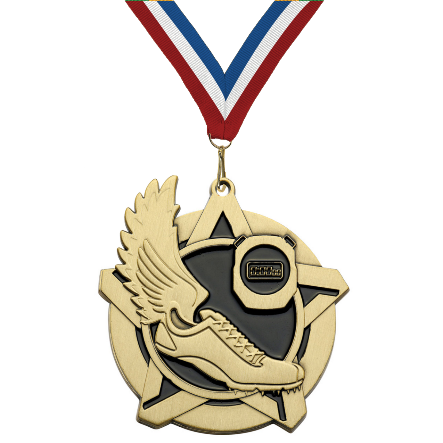 2.25" Track & Field Star Medal – Gold, Silver & Bronze with 30 Ribbon Options