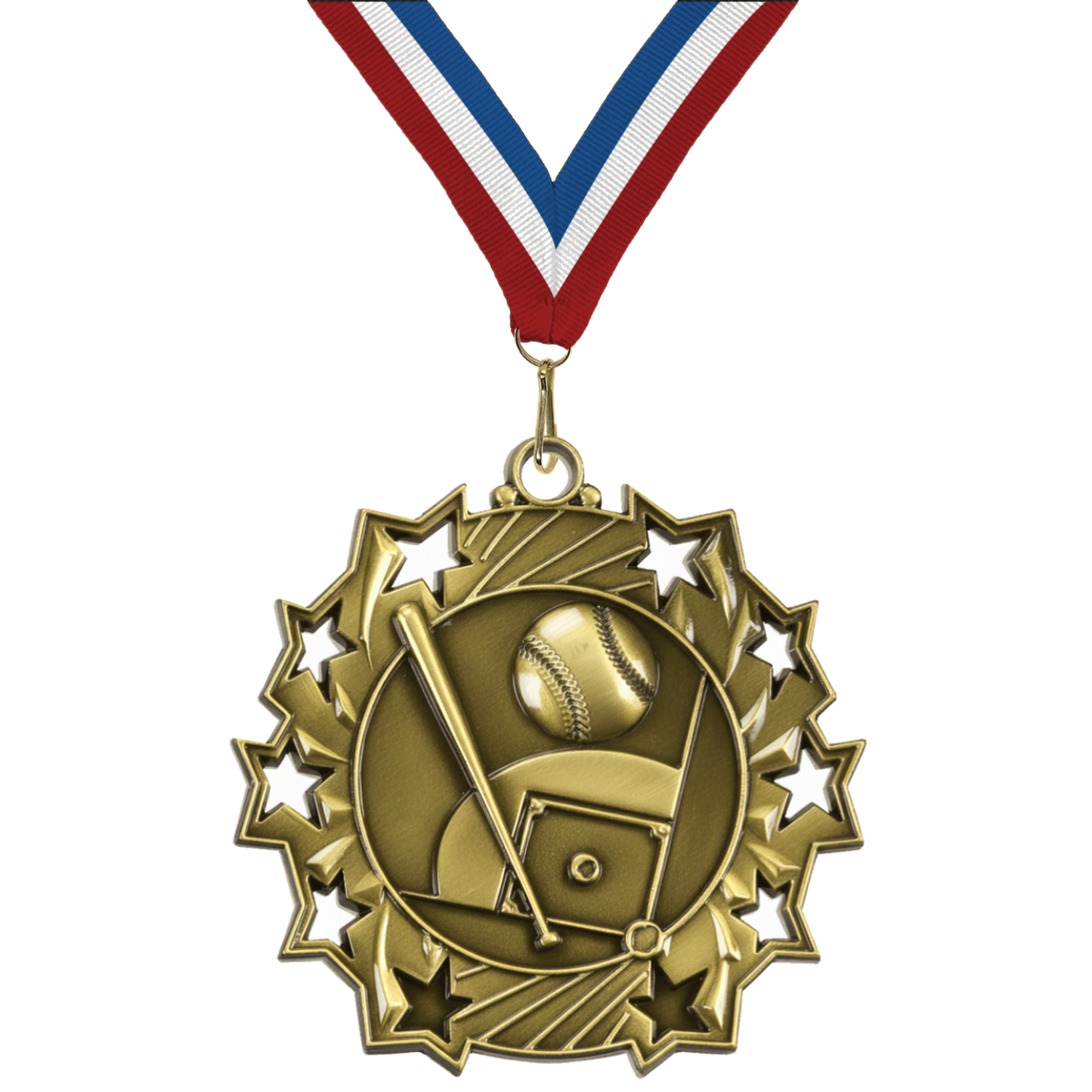 2.25" 10 Star Baseball Medal – Gold, Silver & Bronze with 30 Ribbon Options