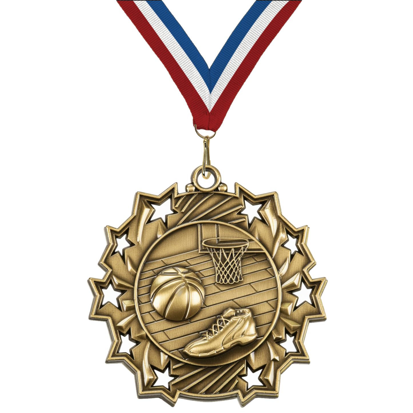 2.25" 10 Star Basketball Medal – Gold, Silver & Bronze with 30 Ribbon Options