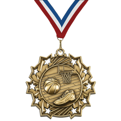2.25" 10 Star Basketball Medal – Gold, Silver & Bronze with 30 Ribbon Options