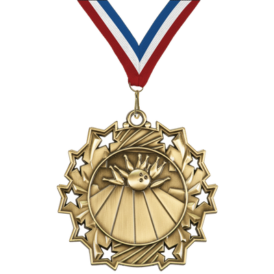 2.25" 10 Star Bowling Medal – Gold, Silver & Bronze with 30 Ribbon Options