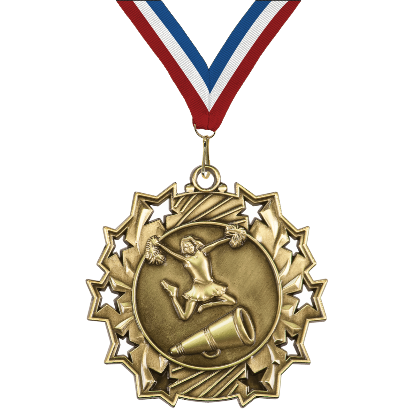 2.25" 10 Star Cheerleading Medal – Gold, Silver & Bronze with 30 Ribbon Options
