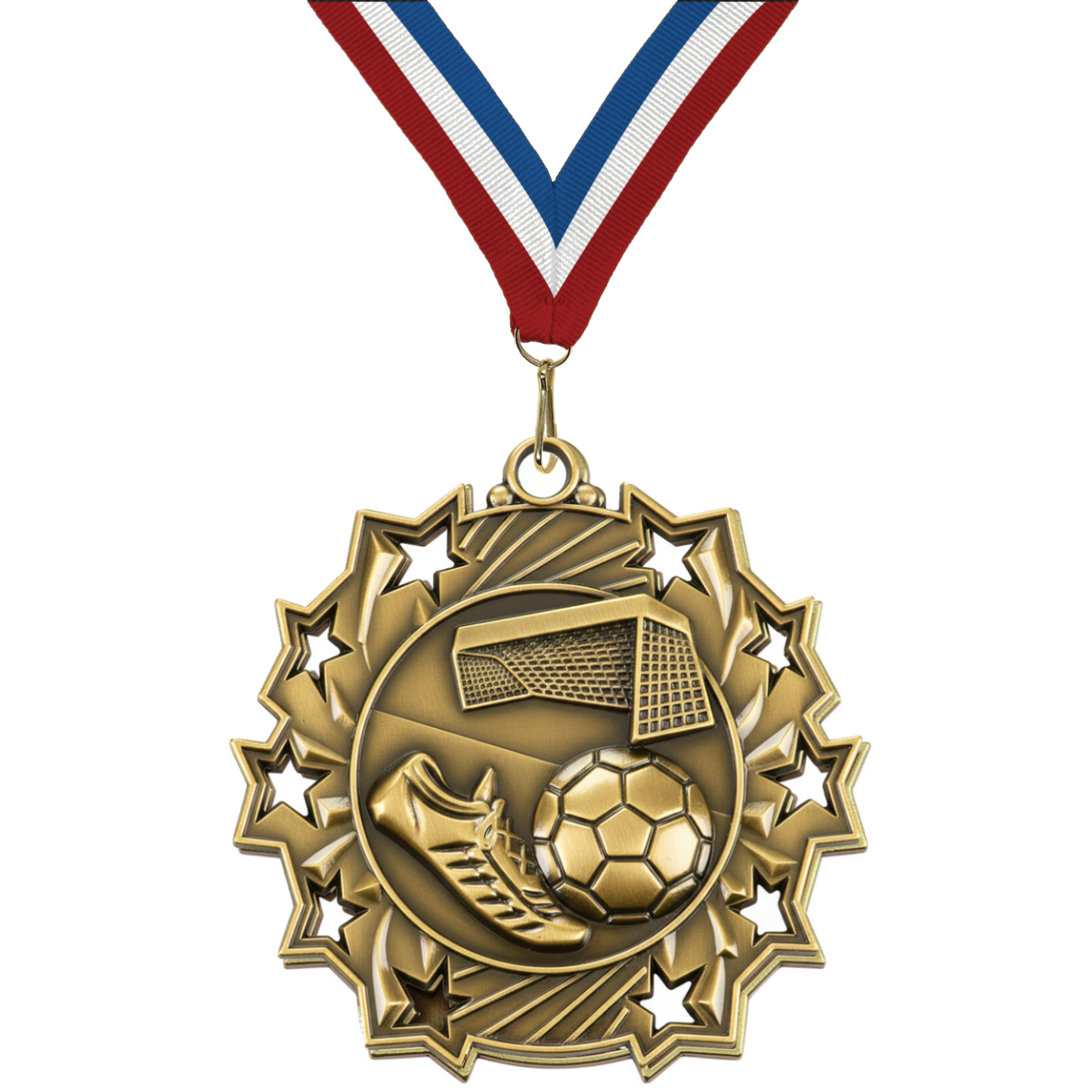 2.25" 10 Star Soccer Medal – Gold, Silver & Bronze with 30 Ribbon Options