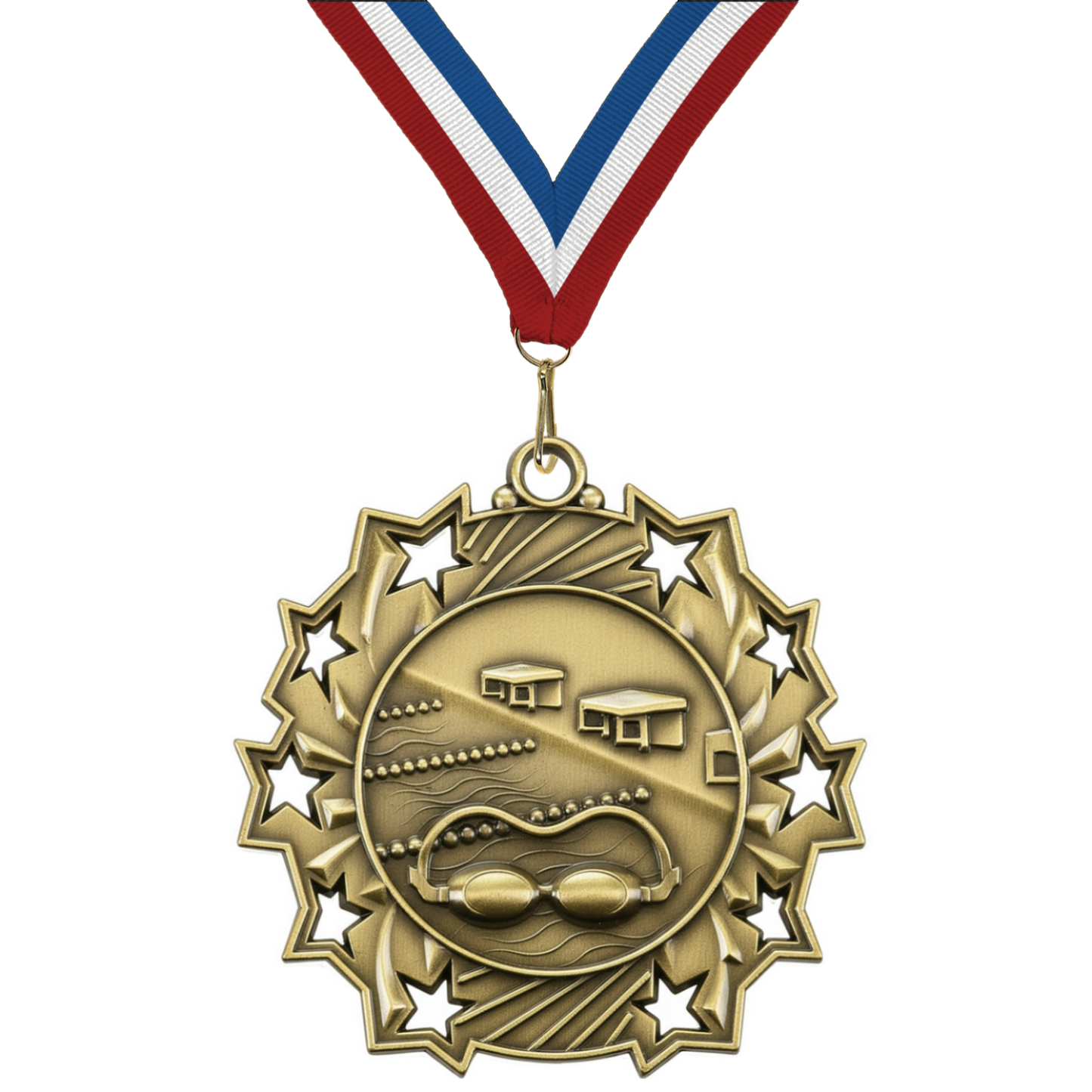 2.25" 10 Star Swimming Medal – Gold, Silver & Bronze with 30 Ribbon Options