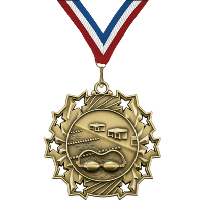 2.25" 10 Star Swimming Medal – Gold, Silver & Bronze with 30 Ribbon Options