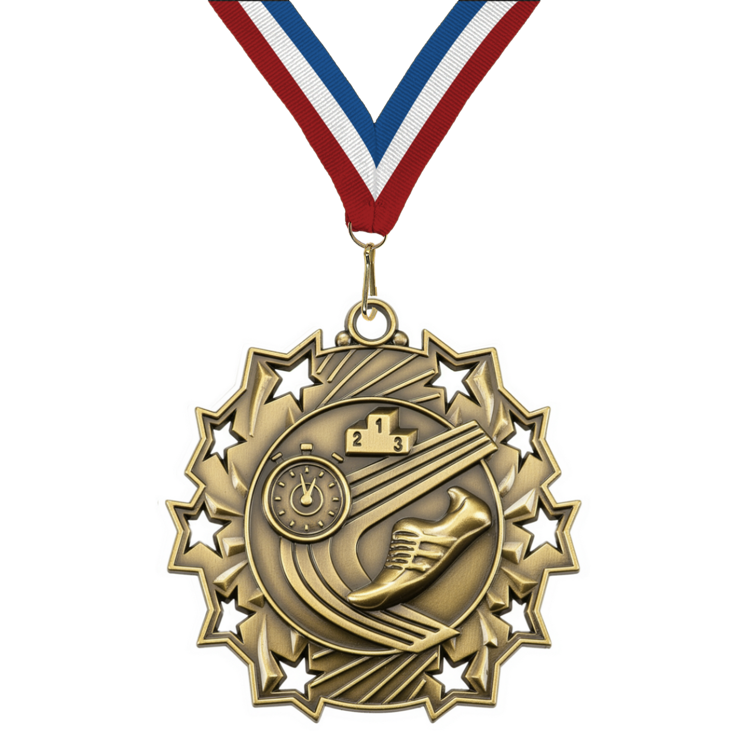 2.25" 10 Star Track & Field Medal – Gold, Silver & Bronze with 30 Ribbon Options
