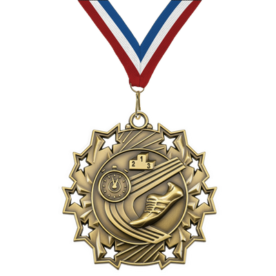 2.25" 10 Star Track & Field Medal – Gold, Silver & Bronze with 30 Ribbon Options