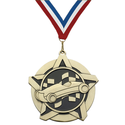 2.25" Pinewood Derby Star Medal – Gold, Silver & Bronze with 30 Ribbon Options