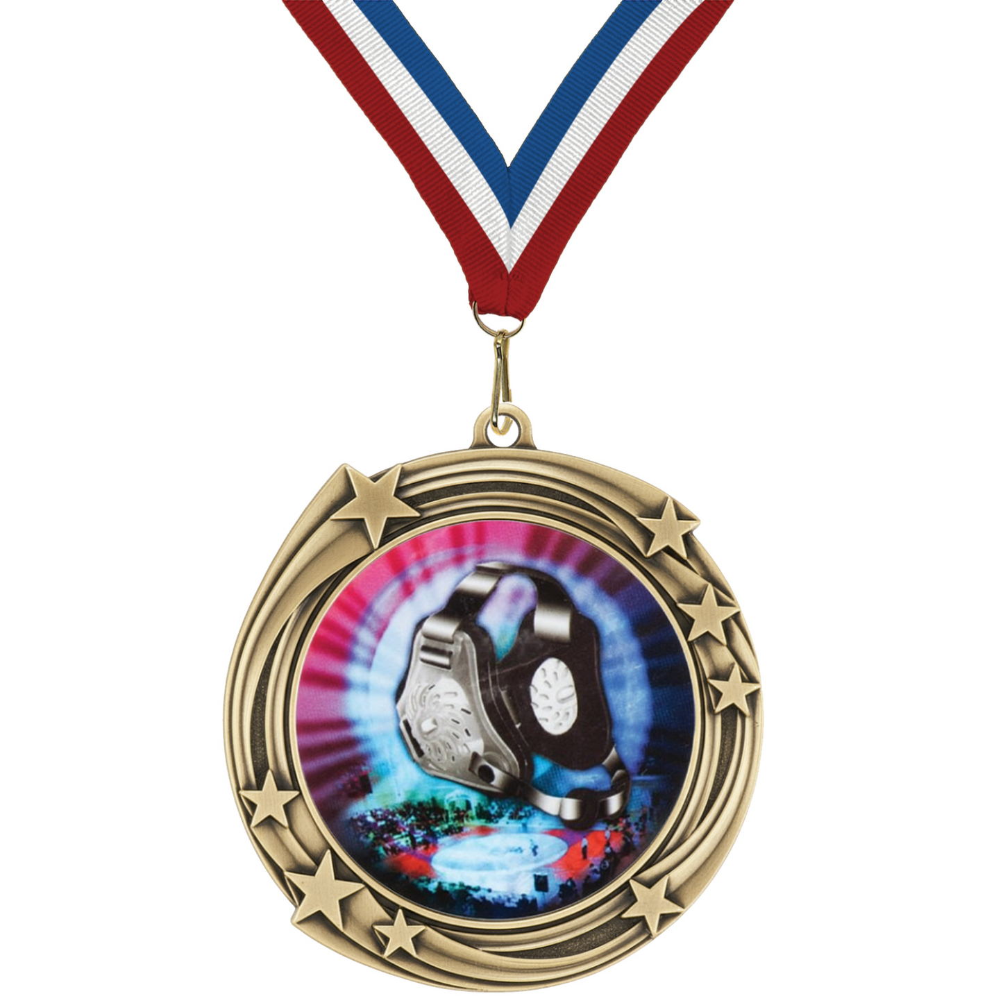 2.75" Swirling Star Wrestling Medal– Gold, Silver & Bronze with 30 Ribbon Options