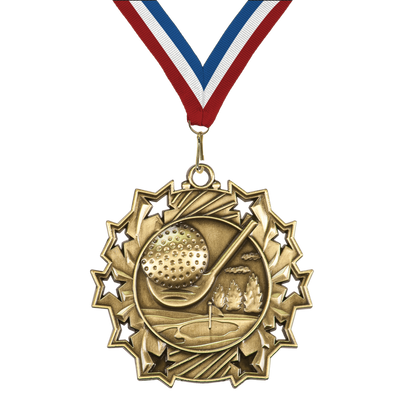 2.25" 10 Star Golf Medal – Gold, Silver & Bronze with 30 Ribbon Options