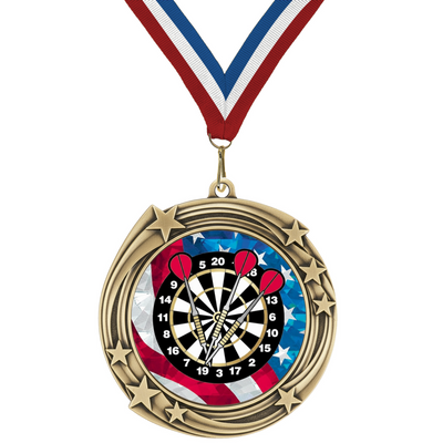 2.75" Swirling Star Darts Medal– Gold, Silver & Bronze with 30 Ribbon Options