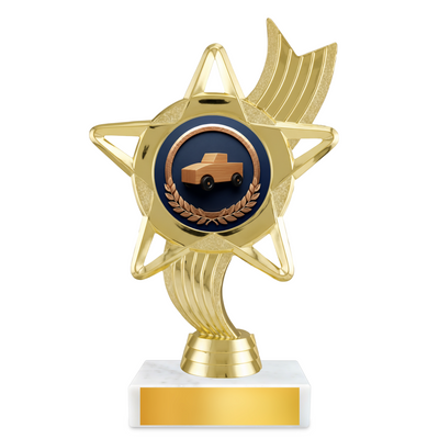 Pinewood Derby Star Ribbon Resin Award – 6.75" Personalized Bright Gold Trophy